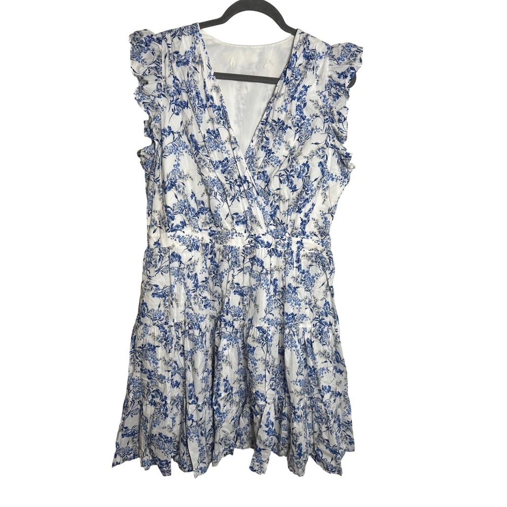 Blue White‎ Floral Cotton Tiered Dress Ruffle Sleeve Pockets XL - Picture 2 of 7